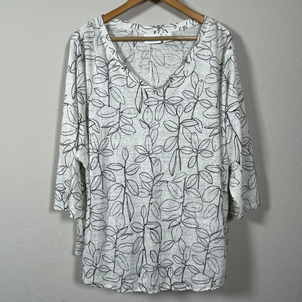 Cynthia Rowley Top Womens 3X Cream Black Linen Leaf Print V-Neck Coastal 3/4 Slv